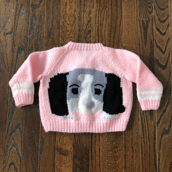 Handmade Other - Vintage Girls 2-3Y Light Pink/White Handmade Crocheted Sweater w/Dog on Back